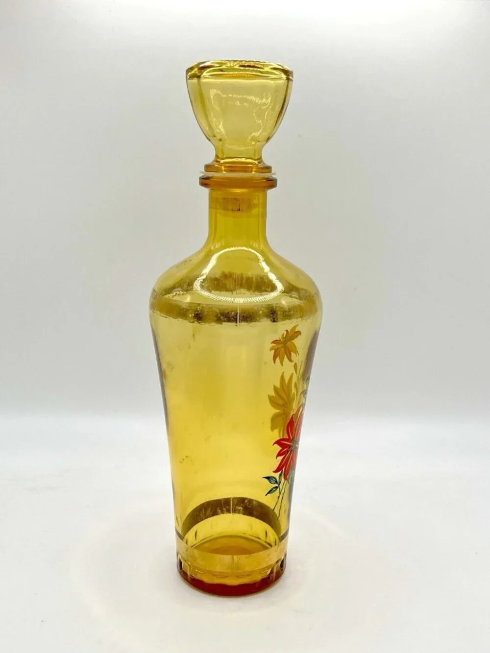 Vintage Mid Century Amber Glass Decanter Floral Bottle Barware MCM Retro Boho